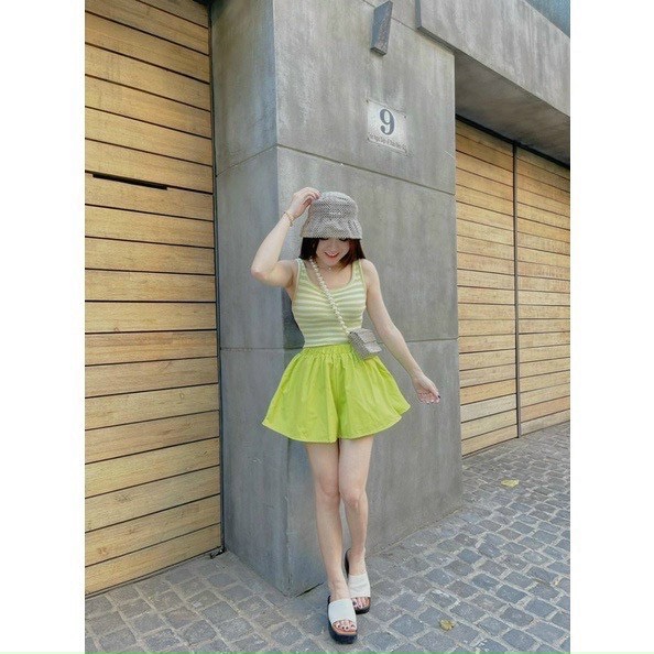 Sét bộ áo 3 lỗ croptop sọc phối quần đùi xòe cực xinh , chất thun gân mềm mịn mk