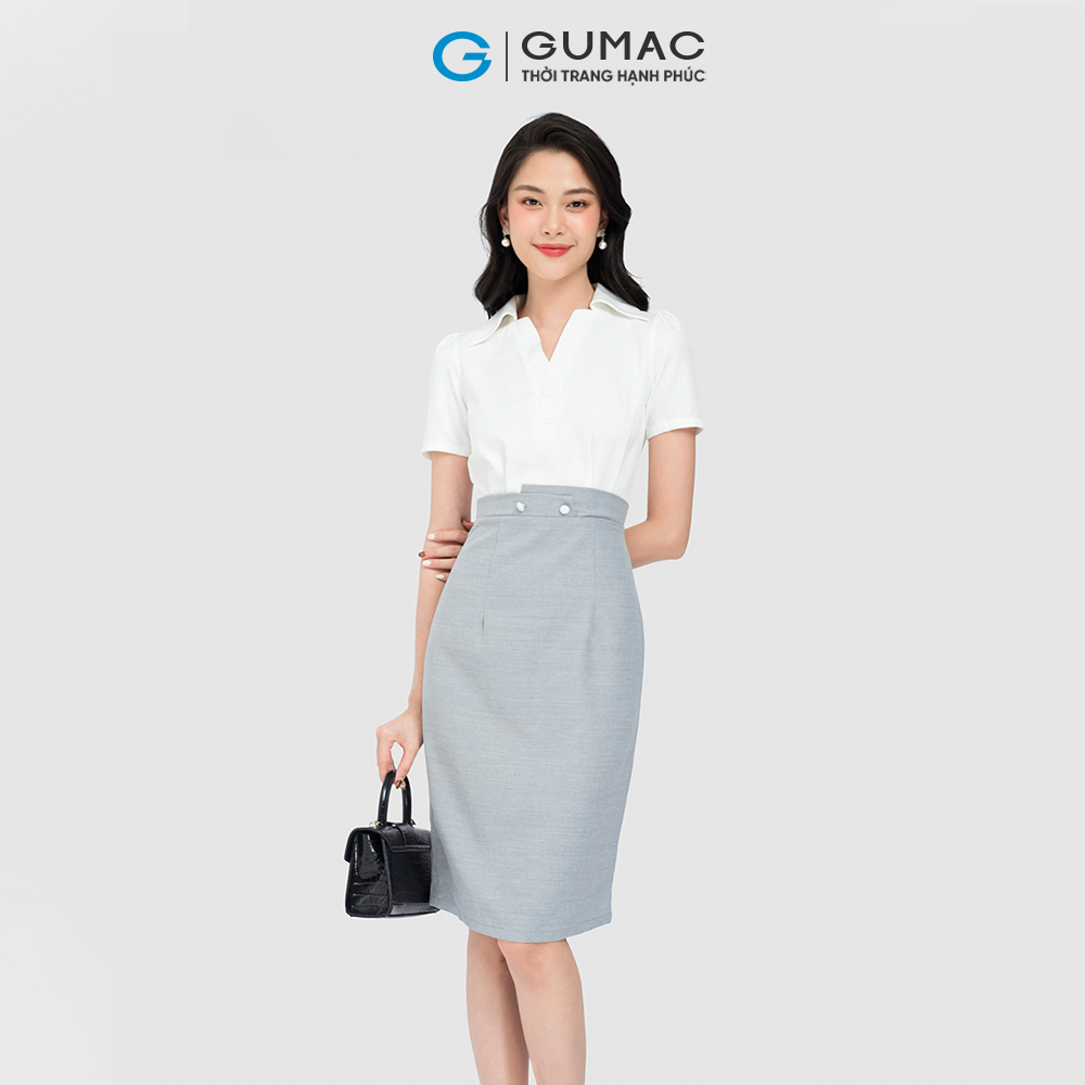 Đầm dáng A công sở GUMAC DD08025 cổ sơ mi, eo kiểu đính nút
