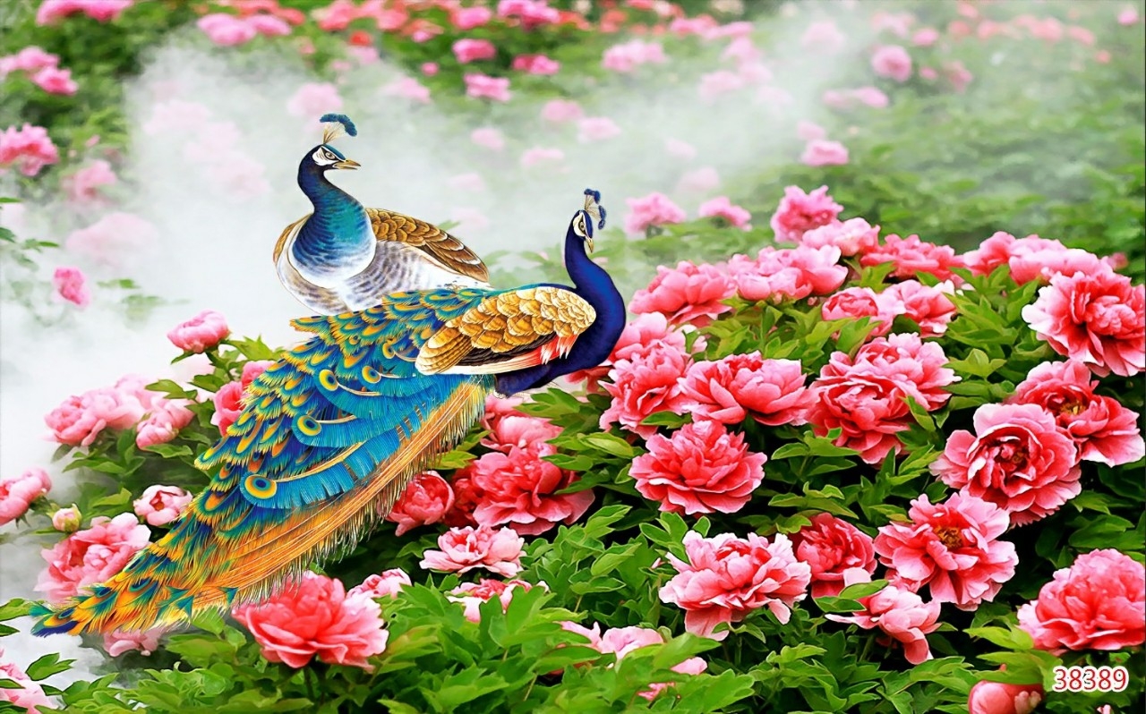 Tranh uyên ương chim công phượng 3D dán tường, tranh thác nước, tranh phong thủy, tranh rừng trúc