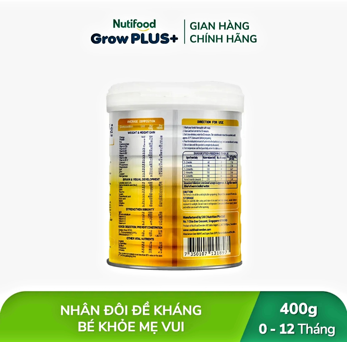 (HSD T2-2027) COMBO 2 LON Sữa Bột Vàng Nutifood GrowPLUS 0+ 400g (Sữa Non).