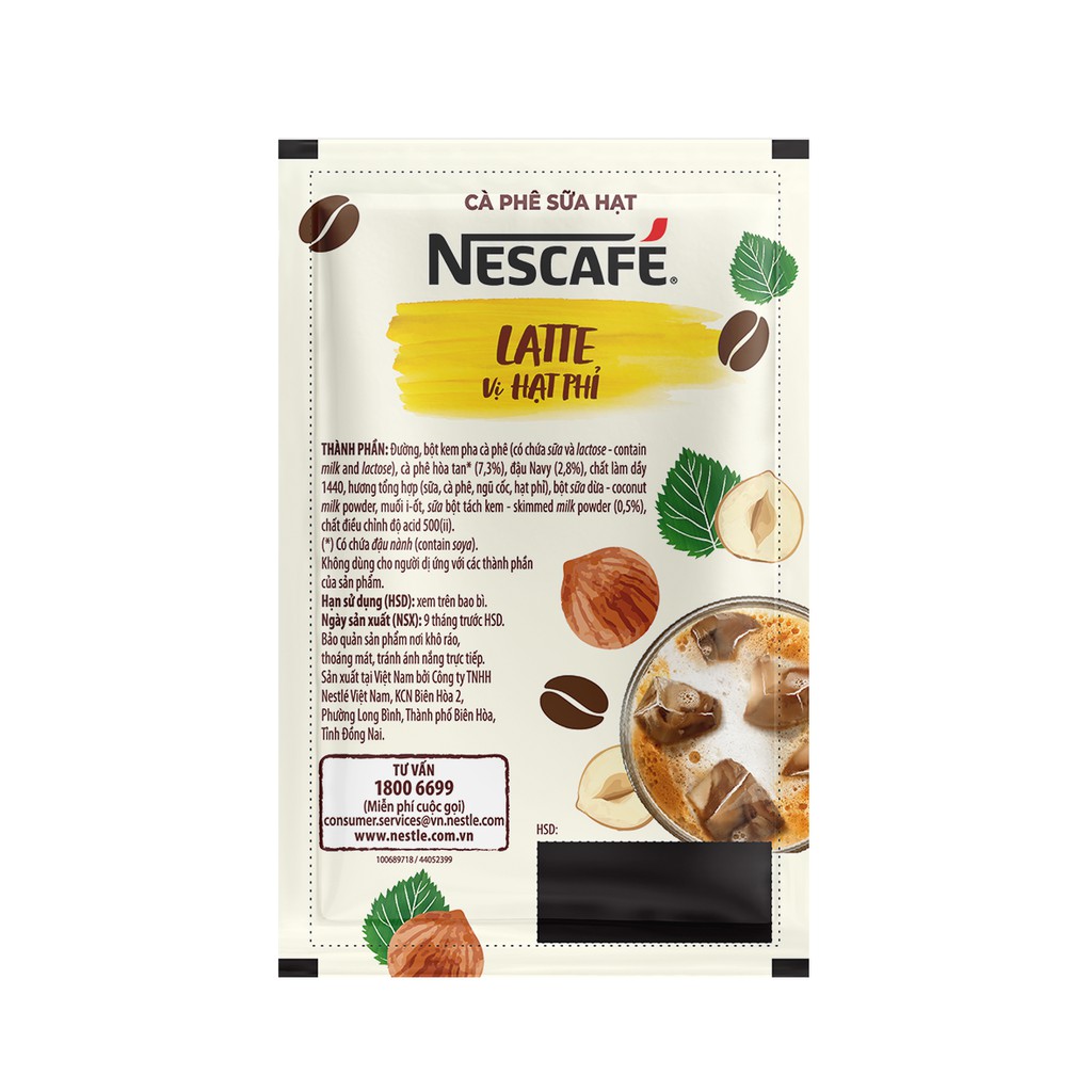 Cà phê hòa tan NESCAFÉ Latte Sữa Hạt Vị Hạt Phỉ (Hộp 10 gói x 24g) Date 31/07/2021
