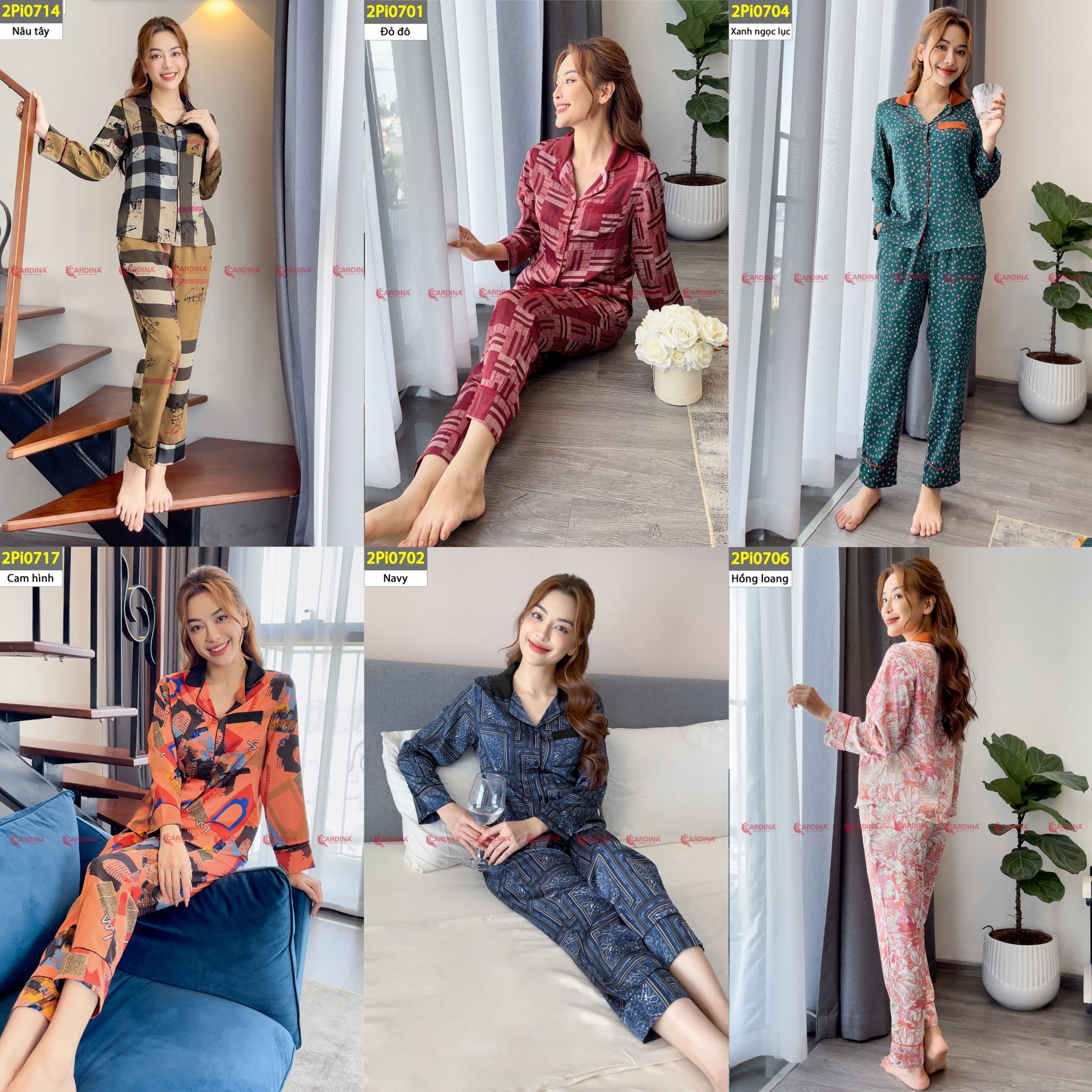 mã 2PI07 - Bộ pijama lụa dài tay phối cổ Cardina