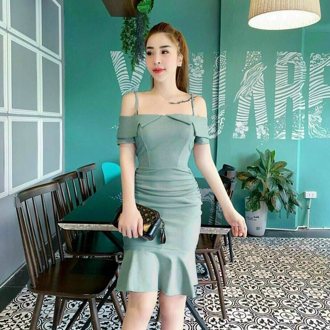 Đầm body 2 dây cổ vest đuôi cá tôn dáng xinh lung linh qc