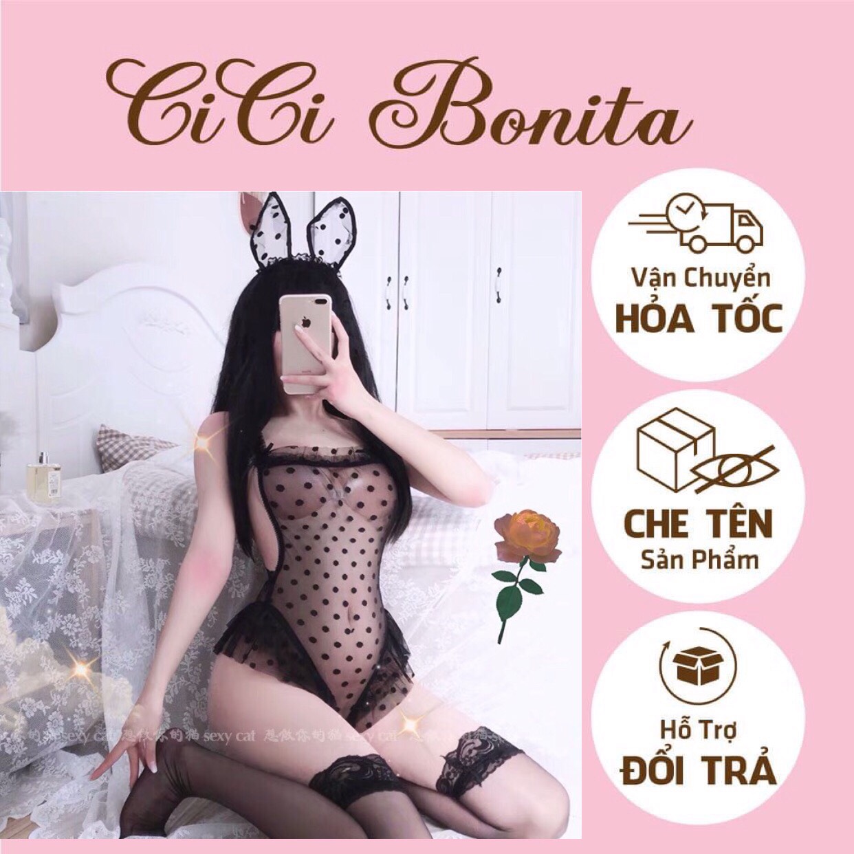 Bodysuit ren chấm bi cosplay bé Thỏ đáng yêu sexy / Đồ lót liền thân gợi cảm CP50