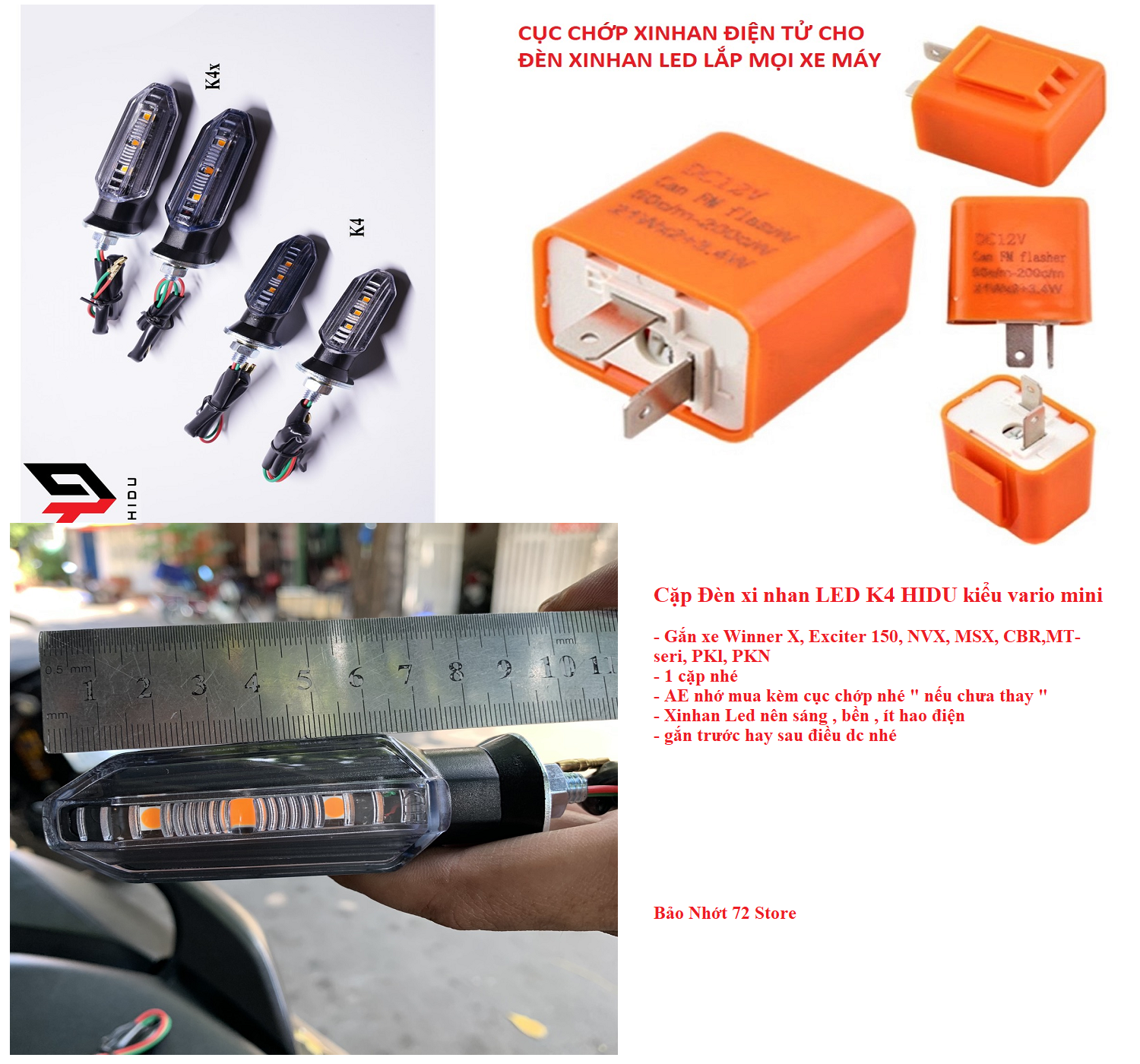 Cặp Đèn xi nhan LED K4 HIDU kiểu vario mini gắn xe Winner X, Exciter 150, NVX, MSX, CBR,MT-seri, PKl, PKN Chính hãng