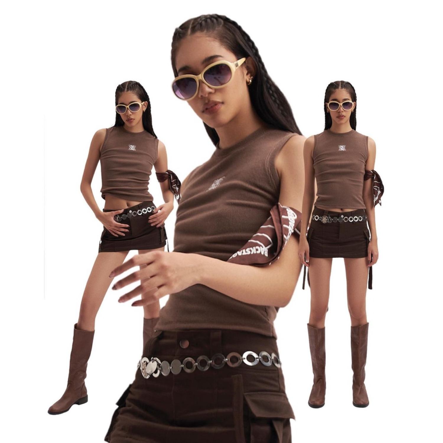 Backstage88 Áo ba lỗ nhung len nữ Màu nâu thêu logo Brown Embroided Tanktop