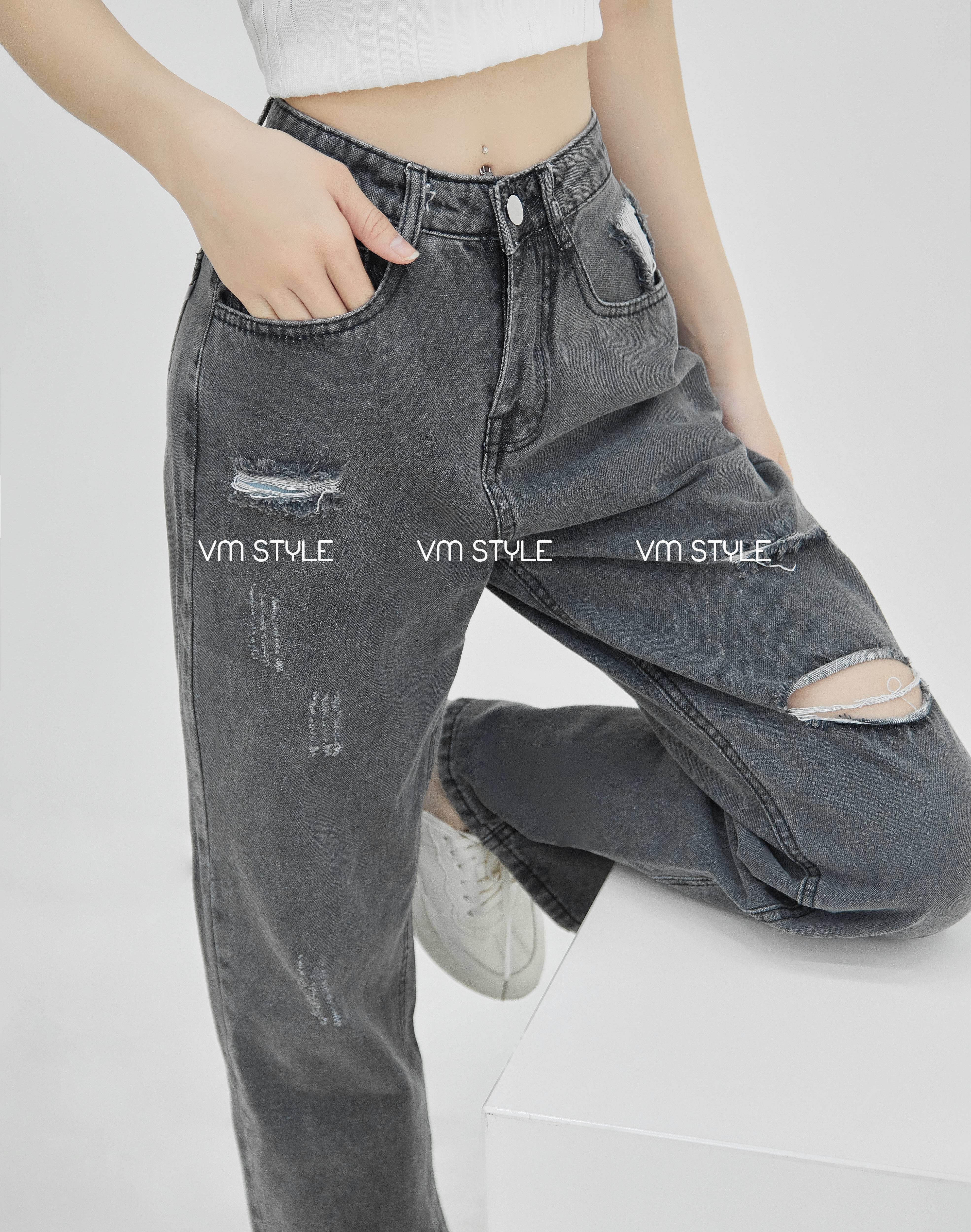 Quần jean nữ ống rộng VMSTYLE QJR00048 lưng cao hách dáng, xước rách cá tính lai thường 3529
