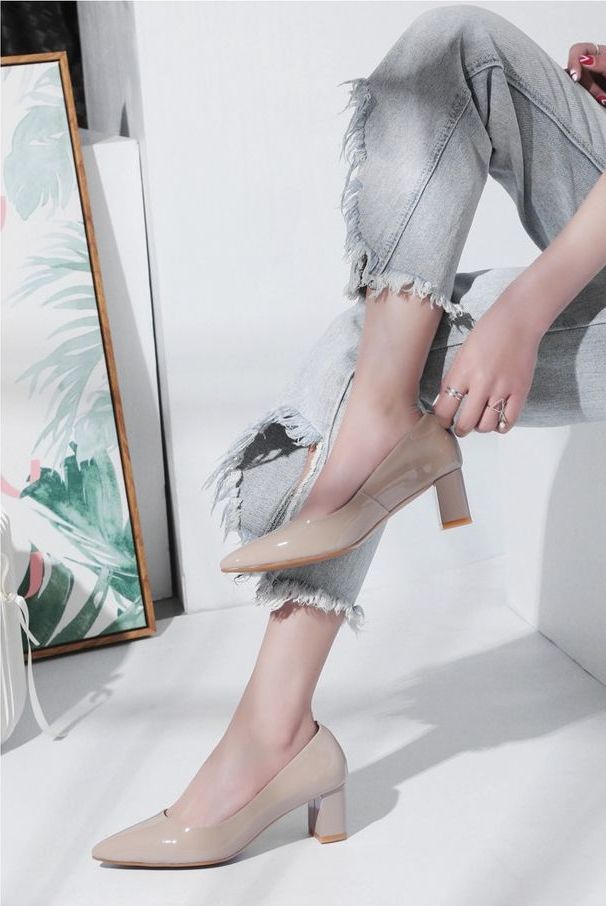 Giày cao gót da trơn đế vuông cao 5 cm SHC22