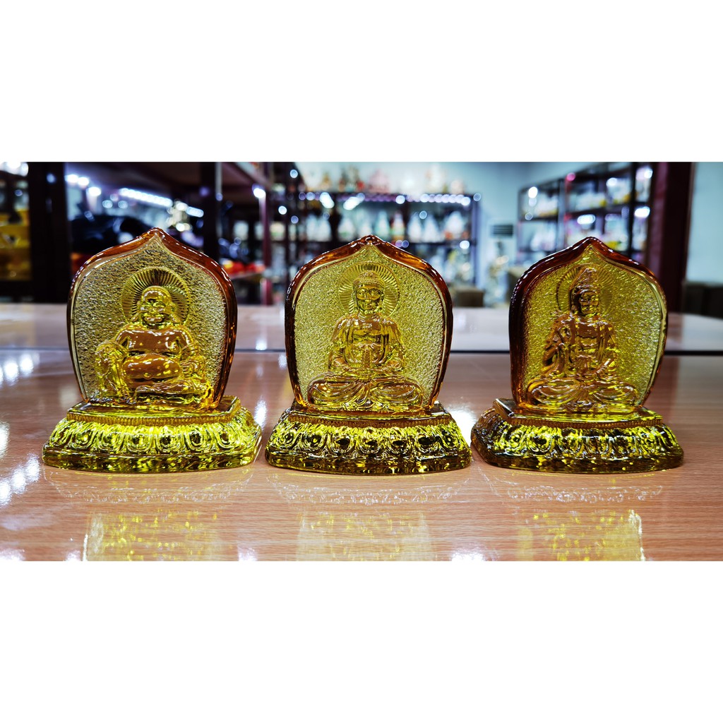 Bộ Tây Phương Tam Thánh (Tam Thế Phật) 2 mặt bằng lưu ly để xe ( Vật Phẩm Phong Thuỷ - Phật Giáo Tường Thuận