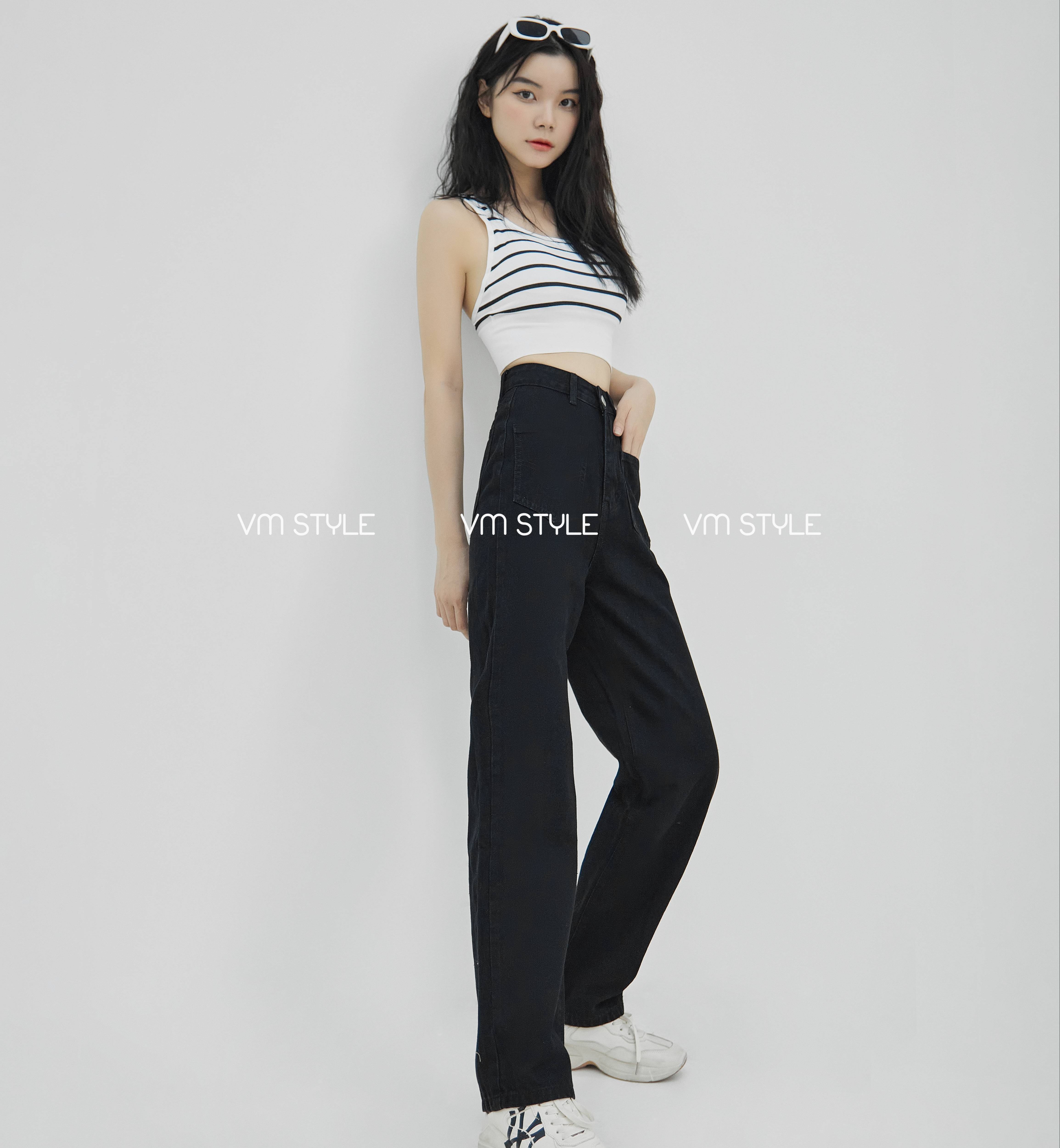 Quần jean ống rộng nữ VMSTYLE QJR00029 trơn lưng cao 2 túi hộp trước 265