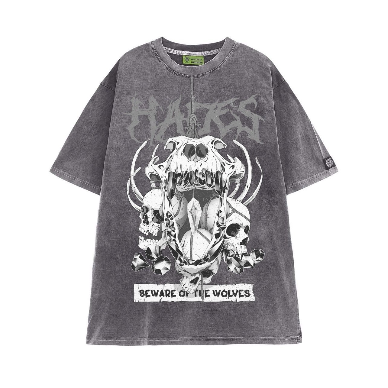Áo thun Hades Skull Wolf Wash màu xám tay lỡ form rộng unisex nam nữ vải dày mịn AL118