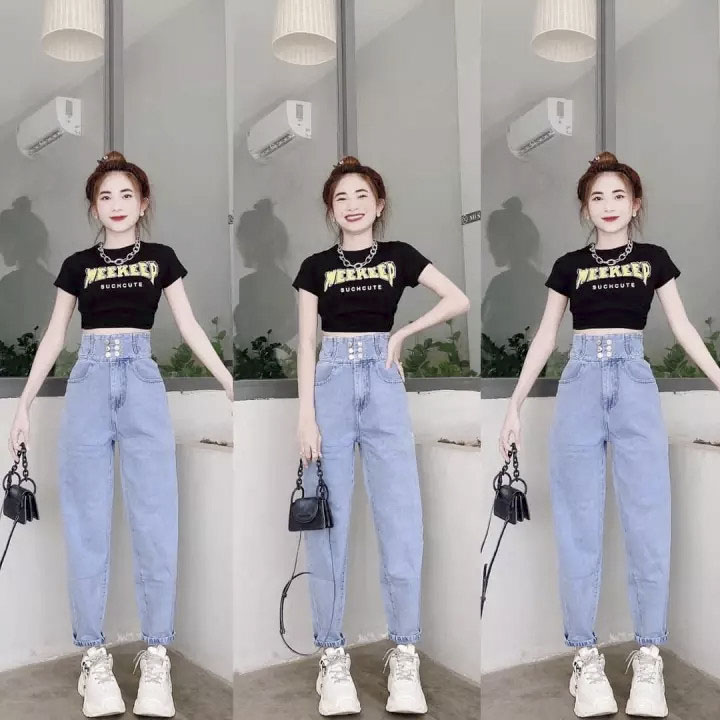 QUẦN BAGGY JEAN NỮ LƯNG CAO  LƯNG XẺ NỬA ĐĨA CHÉO RÁCH 2 GỐI TO SIÊU HOT HIT MAU XANH SIÊU PHONG CÁCH PINKY79SHOP J29