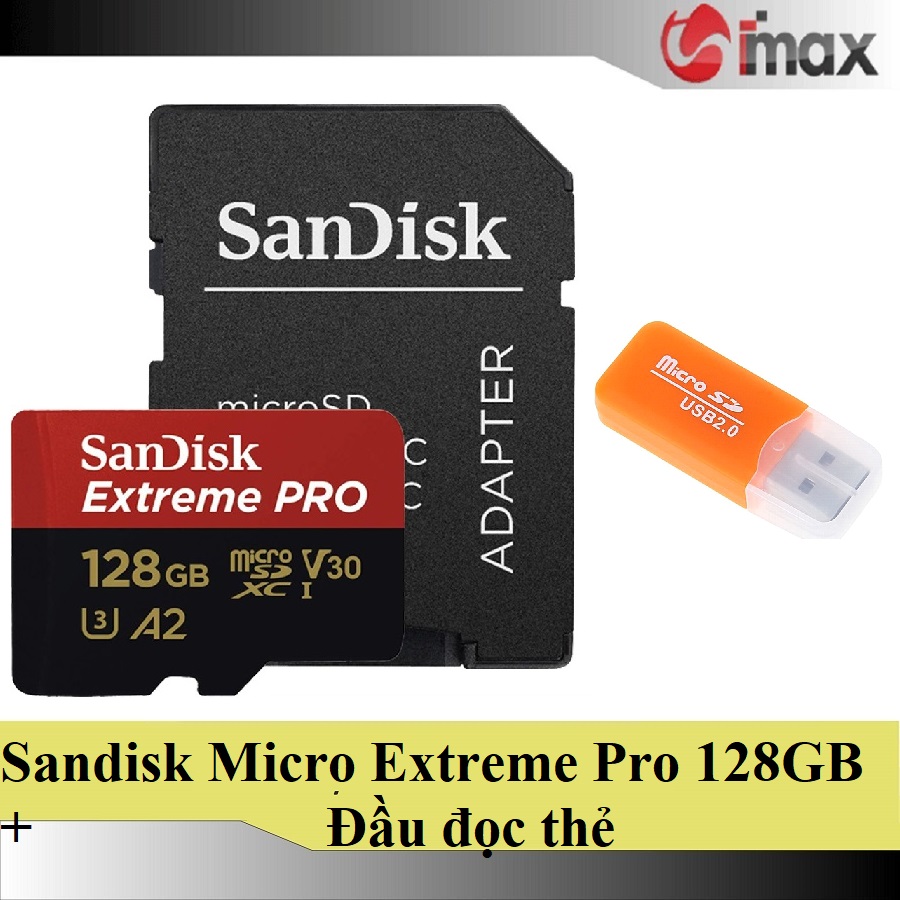 Thẻ nhớ sandisk micro sdxc extreme pro 128gb + adapter + đầu đọc thẻ micro