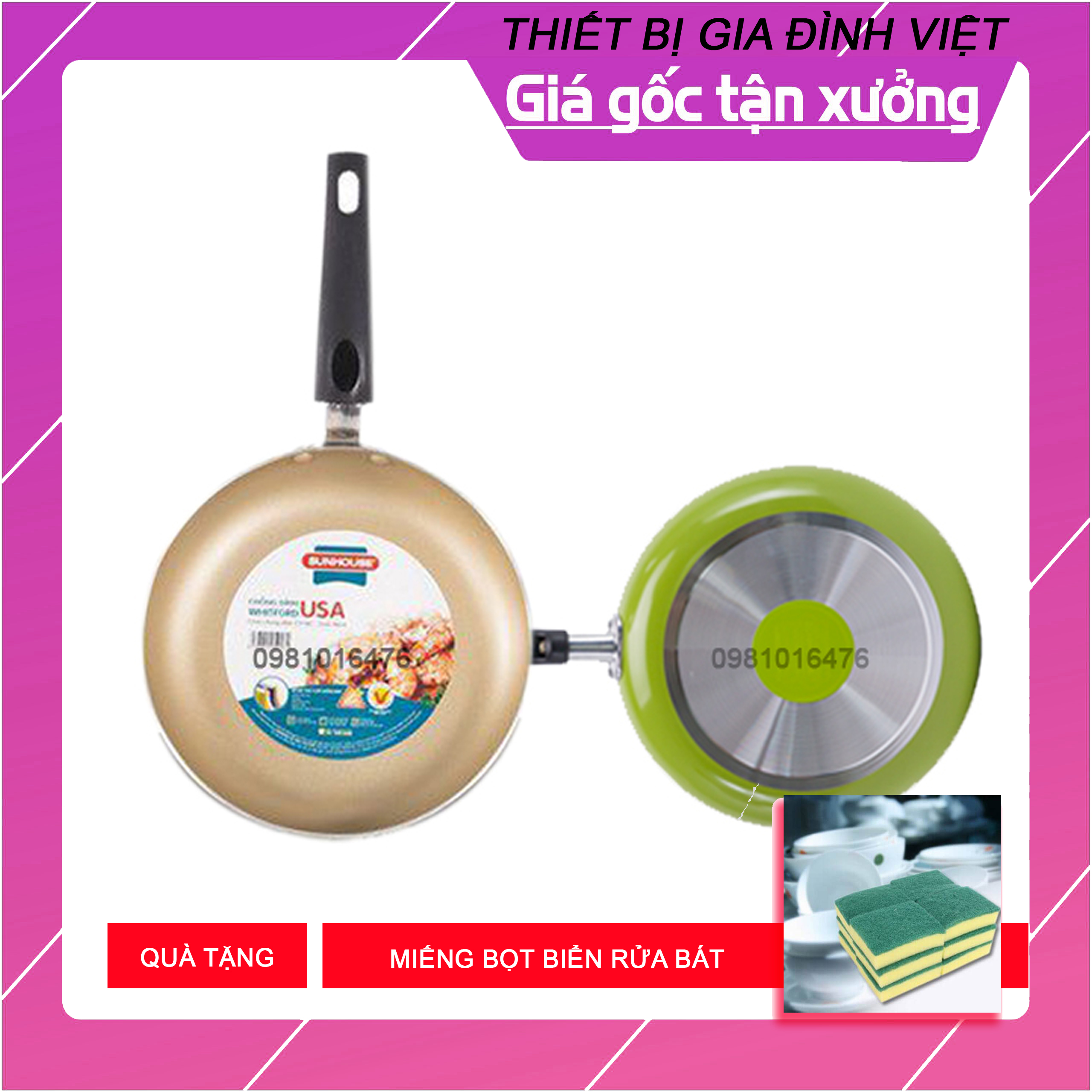 Chảo trơn màu 18cm sunhouse ct18c + tặng miếng rửa bát bọt biển