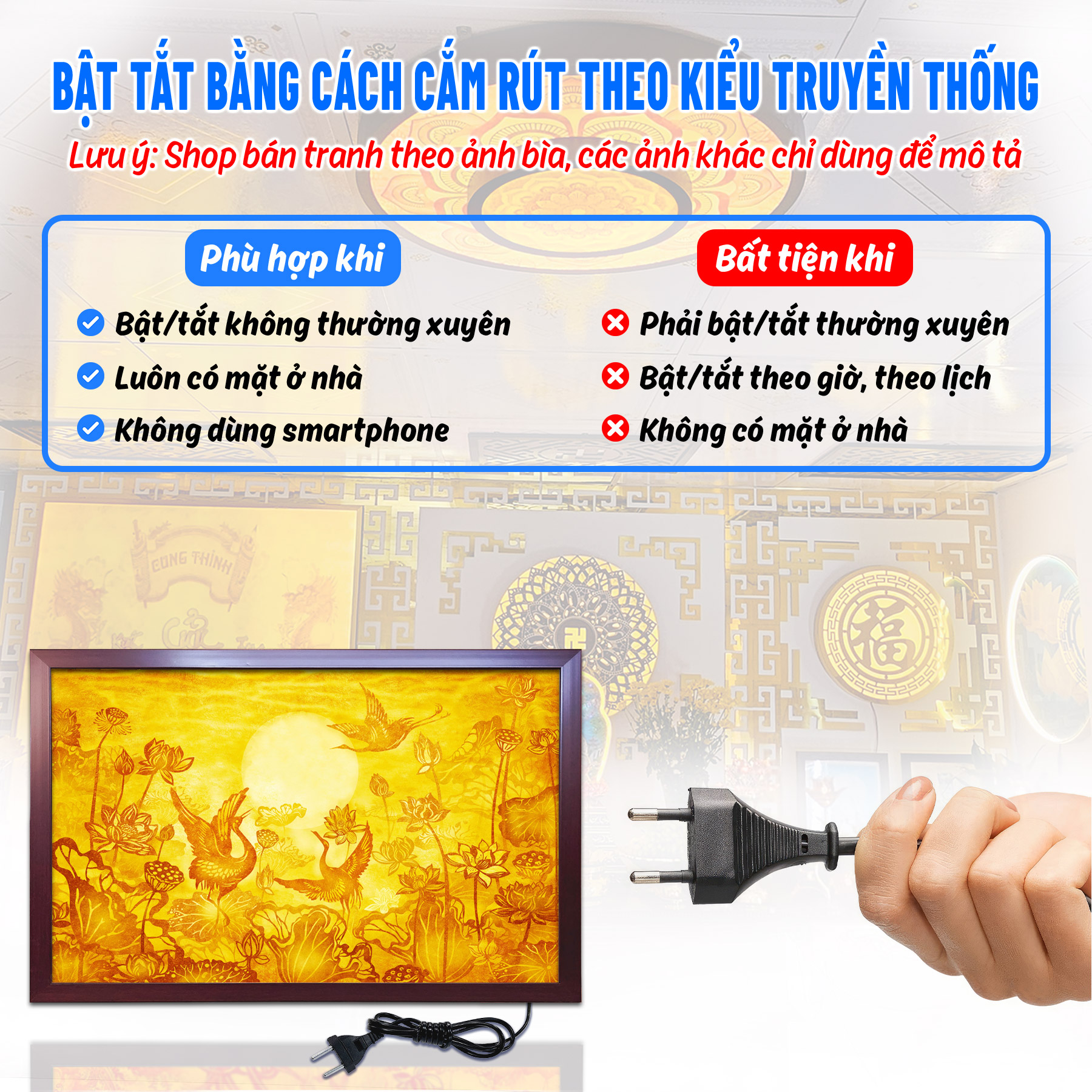Đèn thờ tranh trúc chỉ ngang chân thiện mỹ, đèn trang trí bàn thờ, tranh trúc chỉ hoa sen chim hạc tc-tn-50