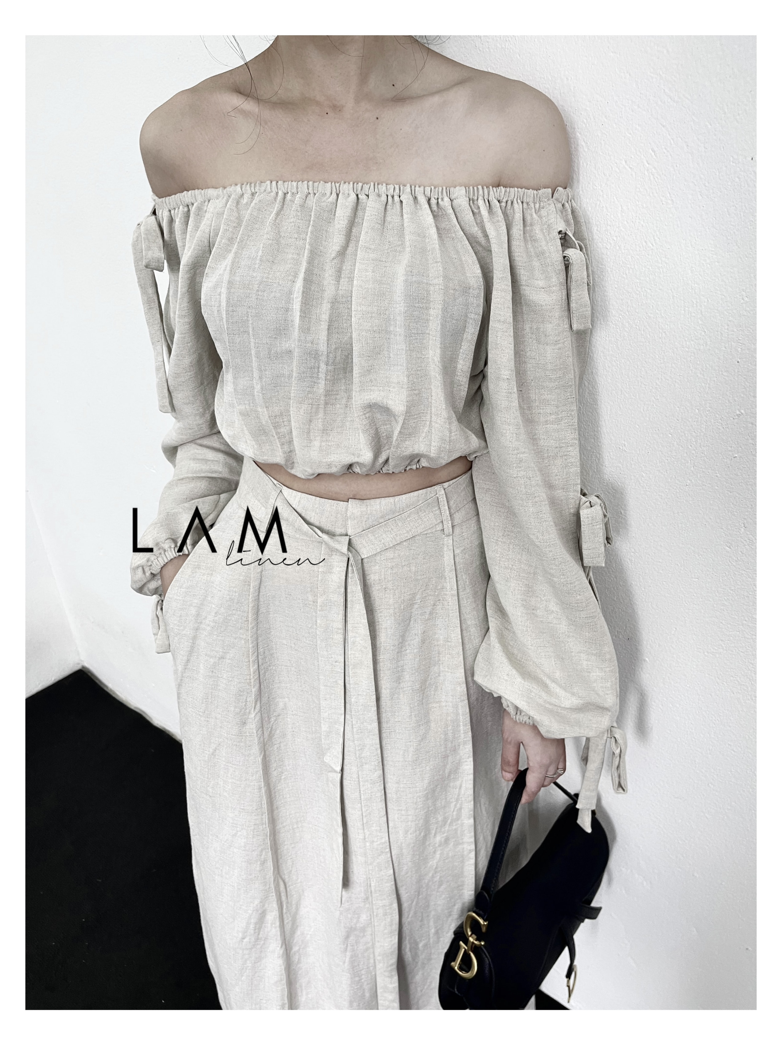 Áo kiểu trễ vai thắt nơ  Linen