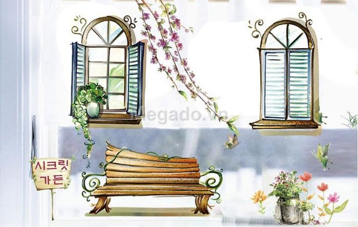 decal dán tường khung cửa sổ ghế đá xưa