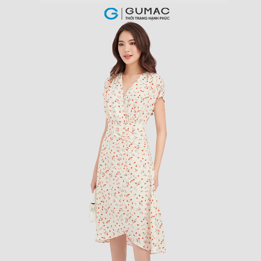 Đầm lụa GUMAC, đầm hoa tay liền thân đắp chéo DC09091