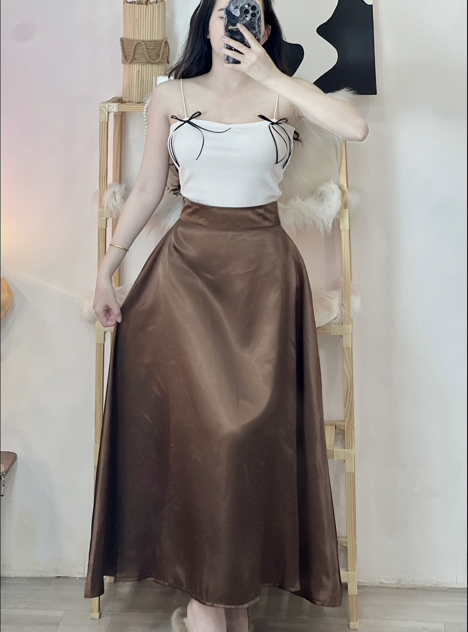 [VIDEO] Chân váy lụa phi bóng dáng dài cạp cao một lớp cao cấp Hàn Quốc - váy dáng dài qua gối sang trọng đi tiệc đi biển