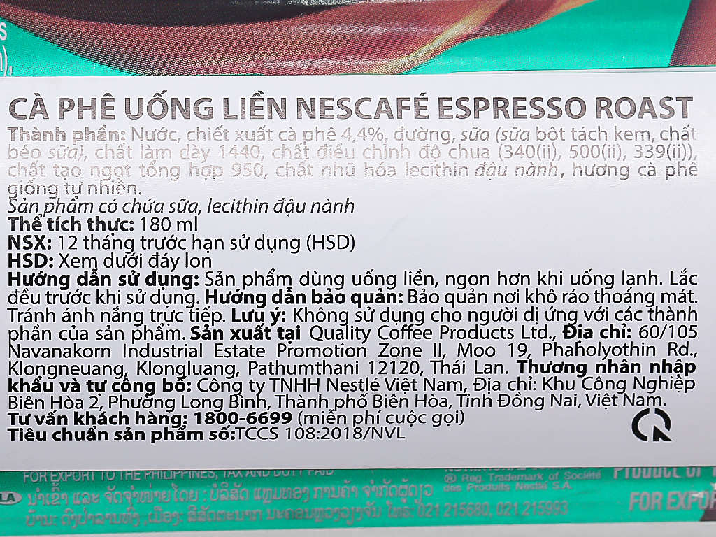 6 lon cà phê sữa NesCafé Espresso Roast 180ml