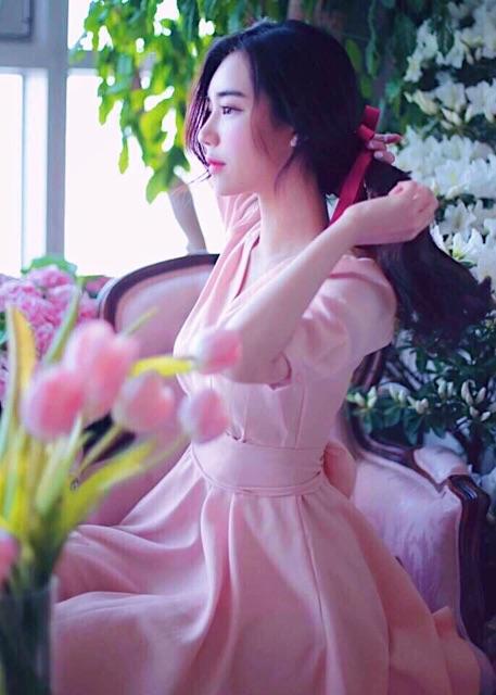 Đầm hồng xoè thắt eo v2