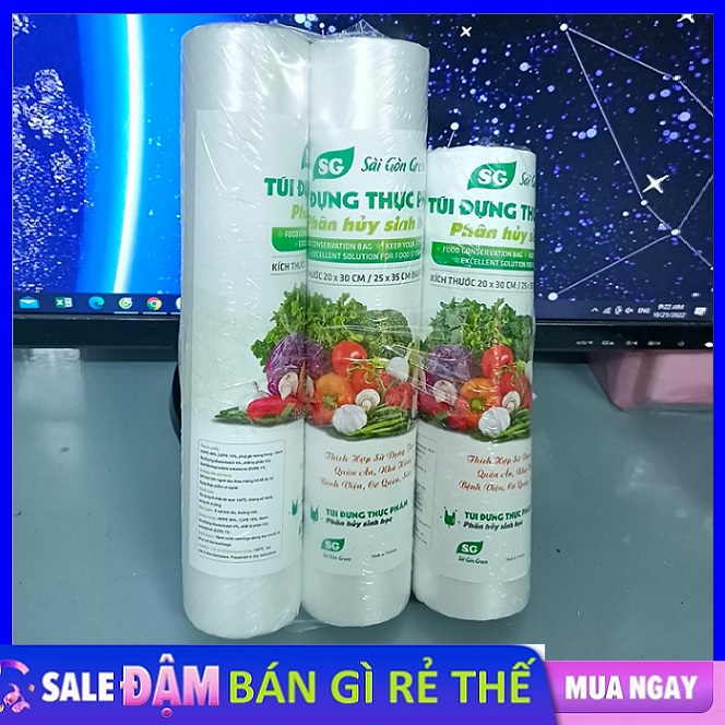 Combo 3 cuộn túi đựng thực phẩm sinh học tự phân hủy sài gòn green bảo quản thức ăn tươi mới an toàn 0.25kg/cuộn