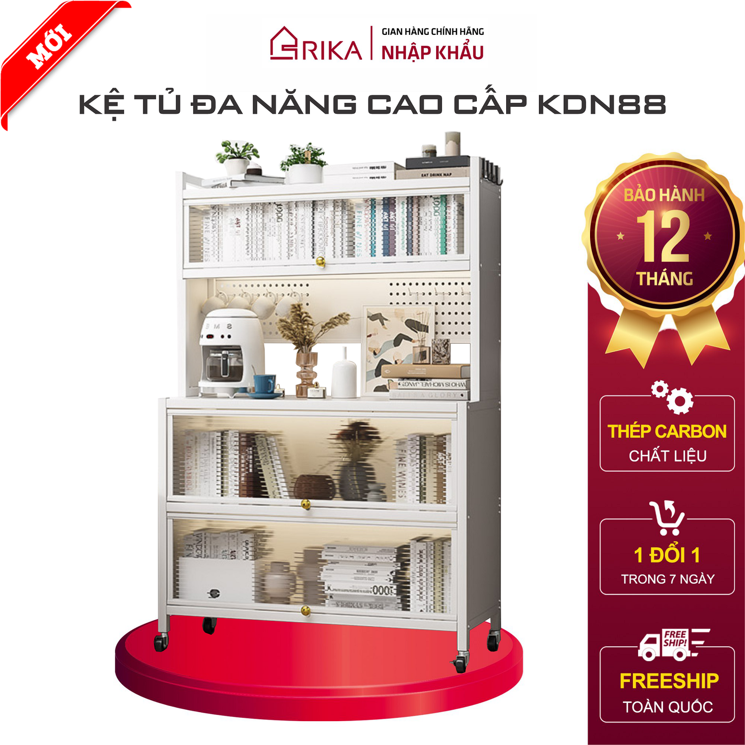 Kệ Nhà Bếp, Kệ Đa Năng RIKA KDN88Plus  Tủ Bếp  Chất Liệu Thép Carbon Chống Gỉ  Cao Cấp Có Ngăn Tủ Đựng Đồ Dùng Nhà Bếp - Kệ Nhập Khẩu Chính Hãng