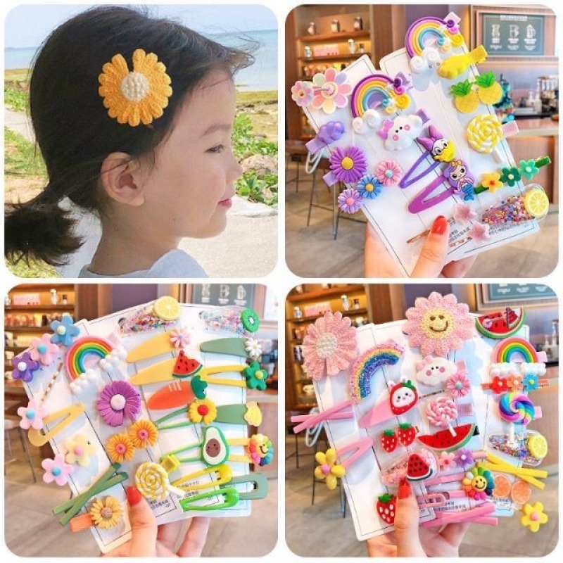 VỈ SÉT 8 KẸP TÓC HOA QUẢ SIÊU YÊU CHO BÉ GÁI