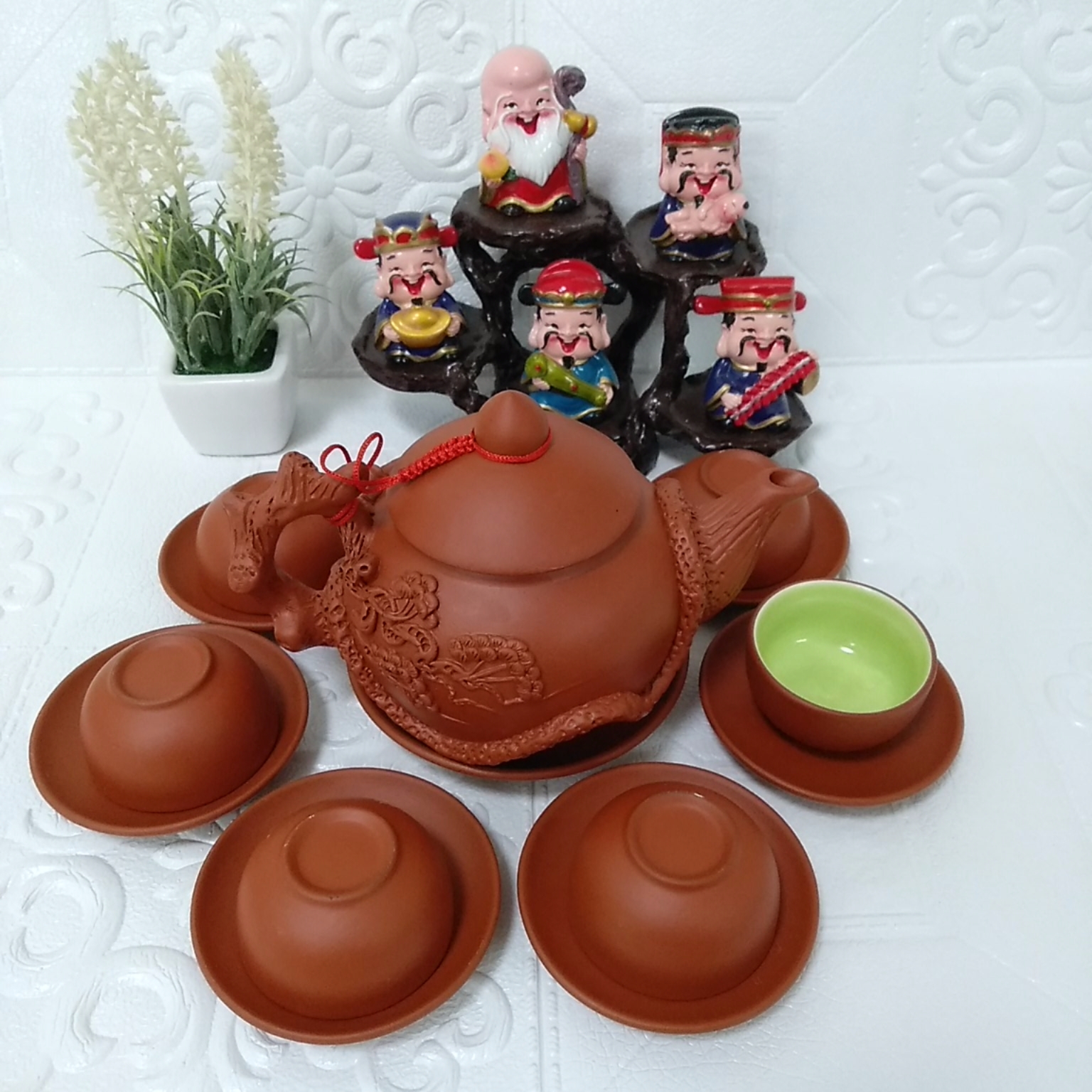 Bộ ấm chén đất nung Bát Tràng cây tùng 400ml màu đỏ