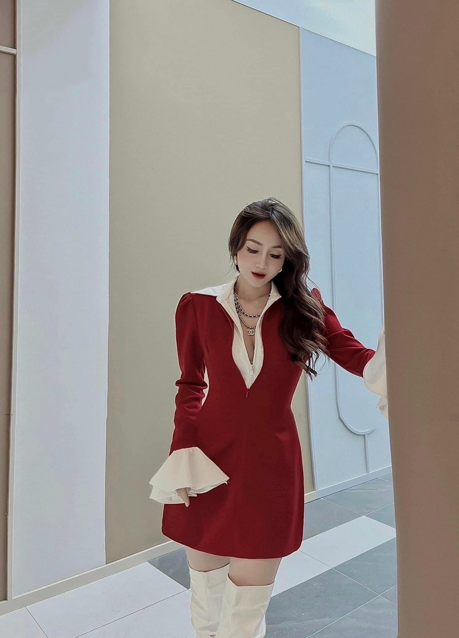 ĐẦM PHỐI CỔ SƠ MI TAY DÀI XÒE SANG CHẢNH ( H.O.U.T )