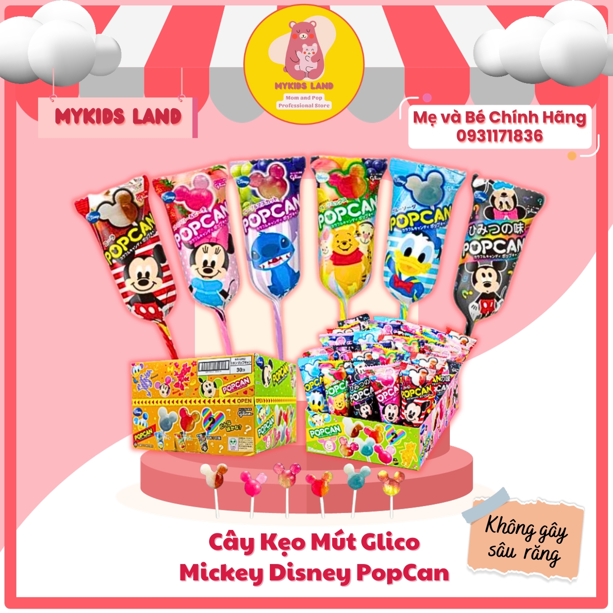 1 cây kẹo mút glico mickey disney popcan nhật bản cho bé không gây sâu răng
