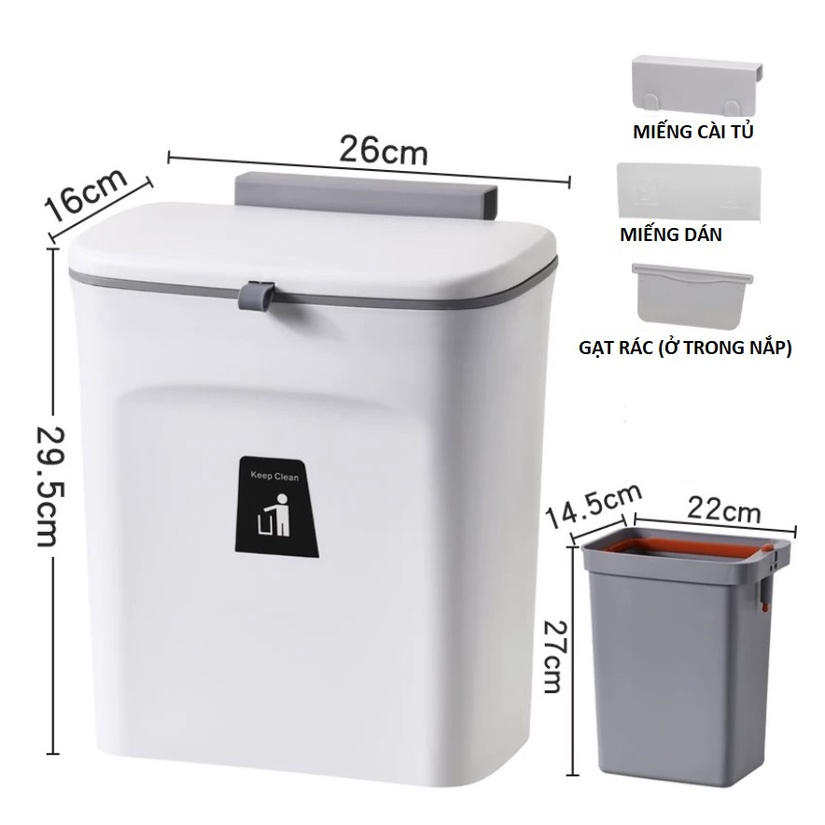 Thùng rác thông minh mẫu mới kèm ruột có nắp đậy 9l - thùng rác cài cánh tủ bếp - treo gắn tủ bếp -dán nhà vệ sinh
