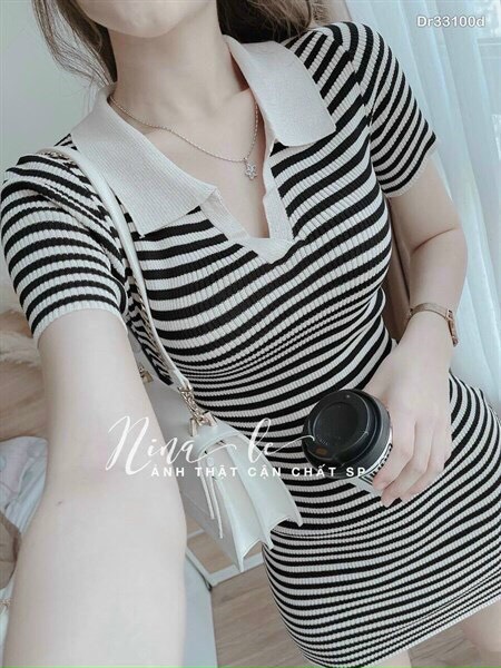 Đầm body thun ôm tay ngắn cổ bẻ kẻ sọc, đầm thun ôm tôn dáng, đầm polo kẻ sọc vải thun kẻ sọc ngang tôn dáng như hình, váy body thun gân