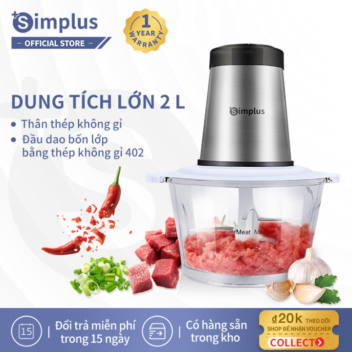 Simplus Máy xay thịt (2L), cối thủy tinh, lưỡi dao thép không gỉ, 2 cấp độ xay tùy chỉnh
