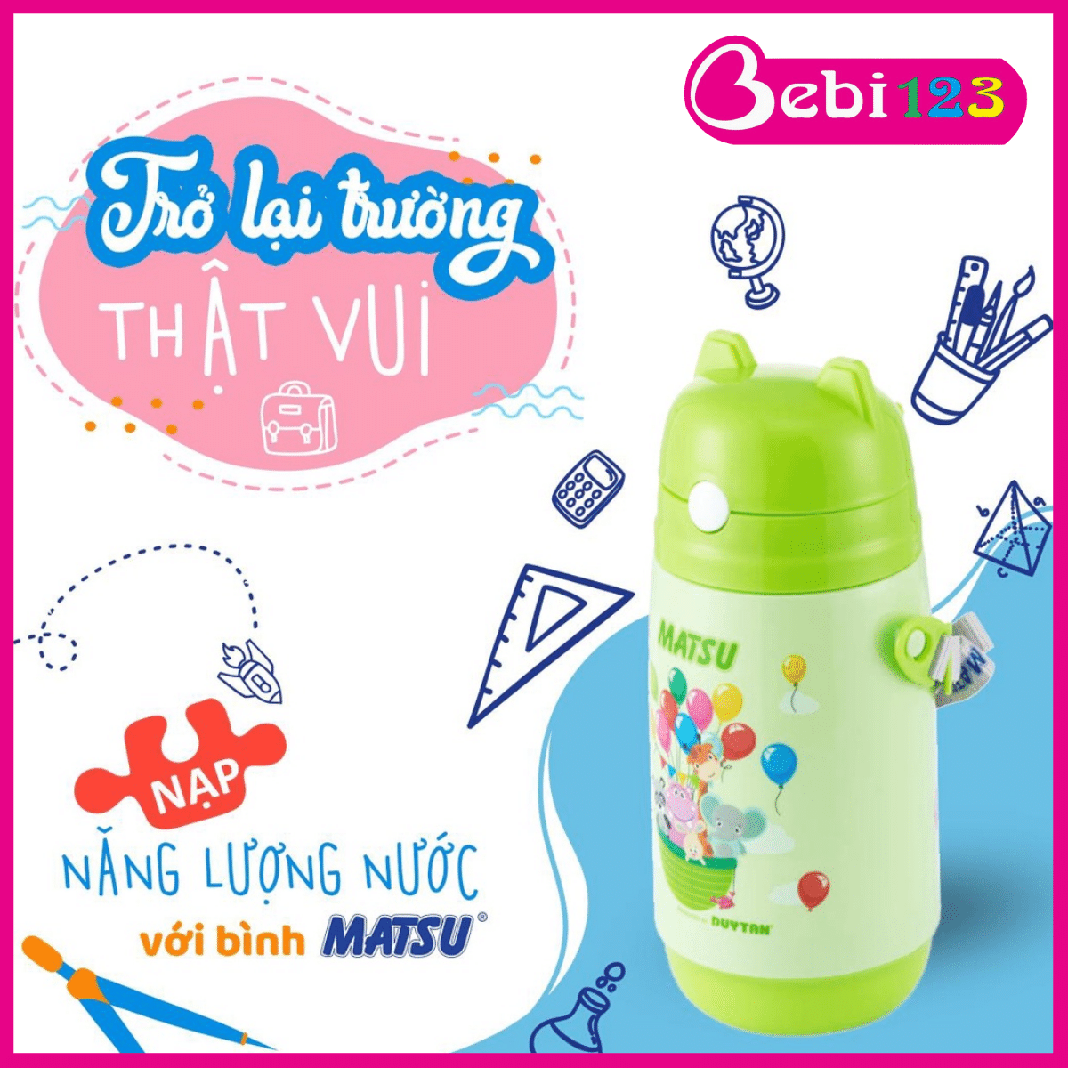 Bình nước đi học matsu 400ml nhựa duy tân có dây đeo cho bé