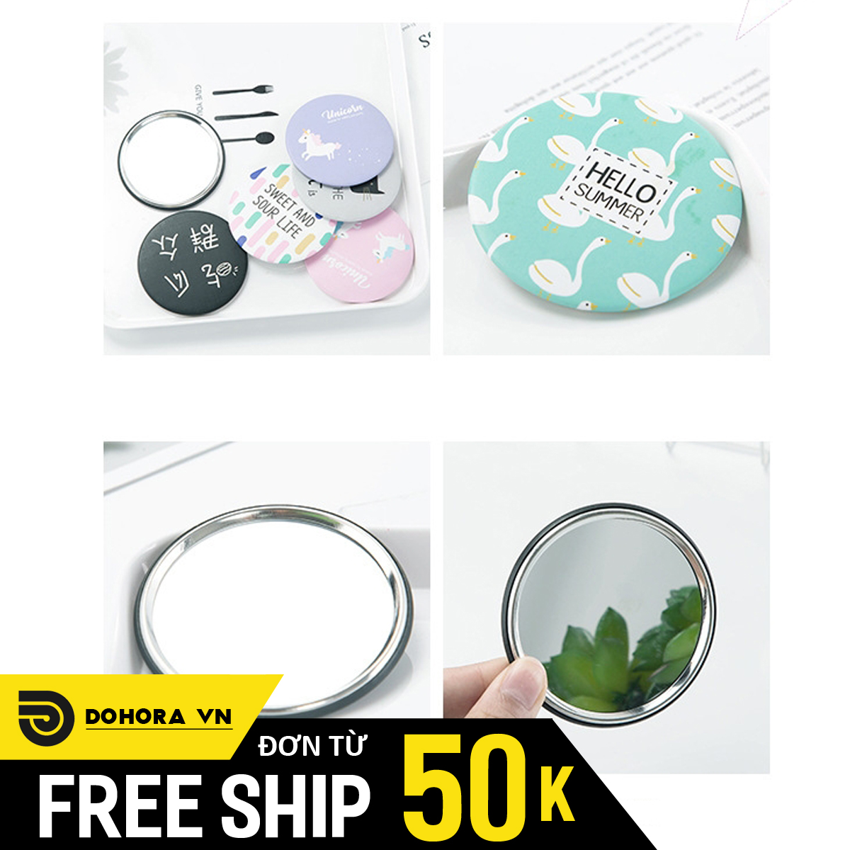 Gương mini bỏ túi dễ thương siêu tiện dụng ,phong cách Hàn Quốc, hình tròn, nhiều họa tiết đẹp mắt