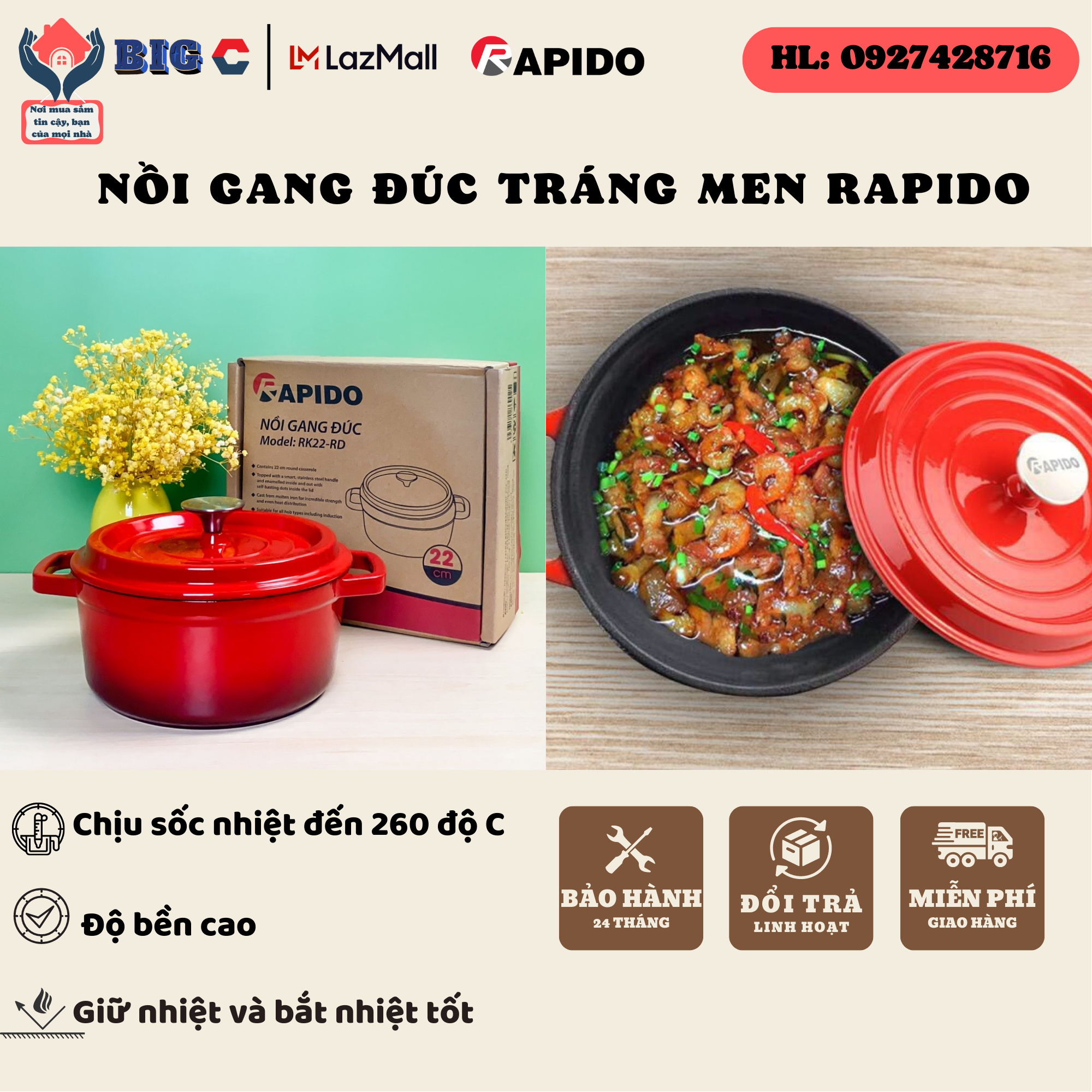 Nồi Gang Đúc Tráng Men Chống Dính Rapido Kích cỡ 20 CM - Nặng 3 kg - Dung tích 2 Lít, nồi gang đúc nguyên khối, nồi gang đúc nấu cơm , nồi gang kho cá, xoong nồi nhà bếp, nồi men tráng sứ