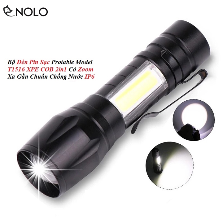 Bộ đèn pin sạc protable model t1516 xpe cob 2in1 có zoom xa gần chuẩn chống nước ip65