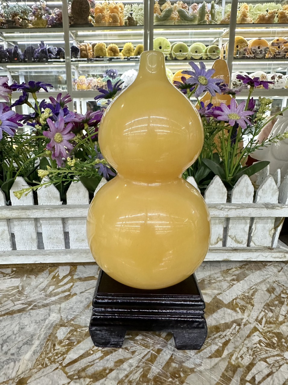 Bottle Gourd Gourd Bottle Gourd Feng Shui yellow Onyx Handmade Marble Wu Lou/Hu Lu Gourd/Cucurbit for Wealth Peaceful Statue Charm Amulet Home Decor Gift, 16 cm Tall
