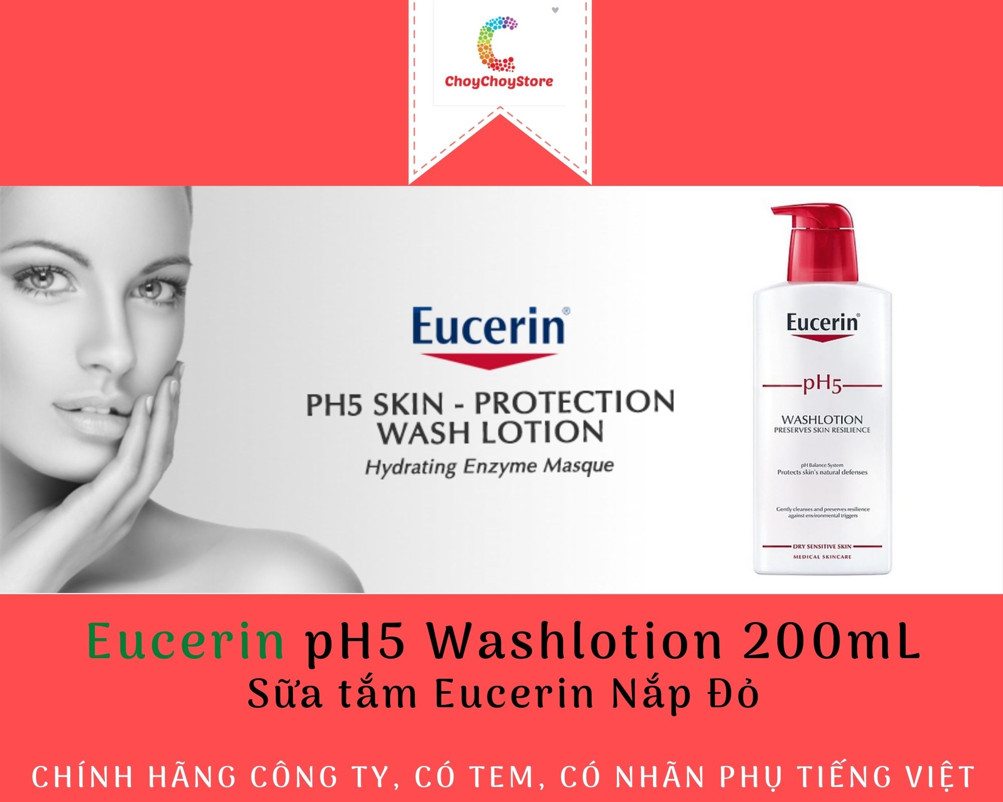 TEM CTY Sữa tắm Eucerin pH5 Washlotion 200mL - Nắp Đỏ có Mùi