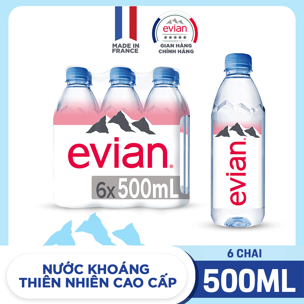 Nước khoáng thiên nhiên không gas cao cấp Evian 500ml Lốc 6 chai