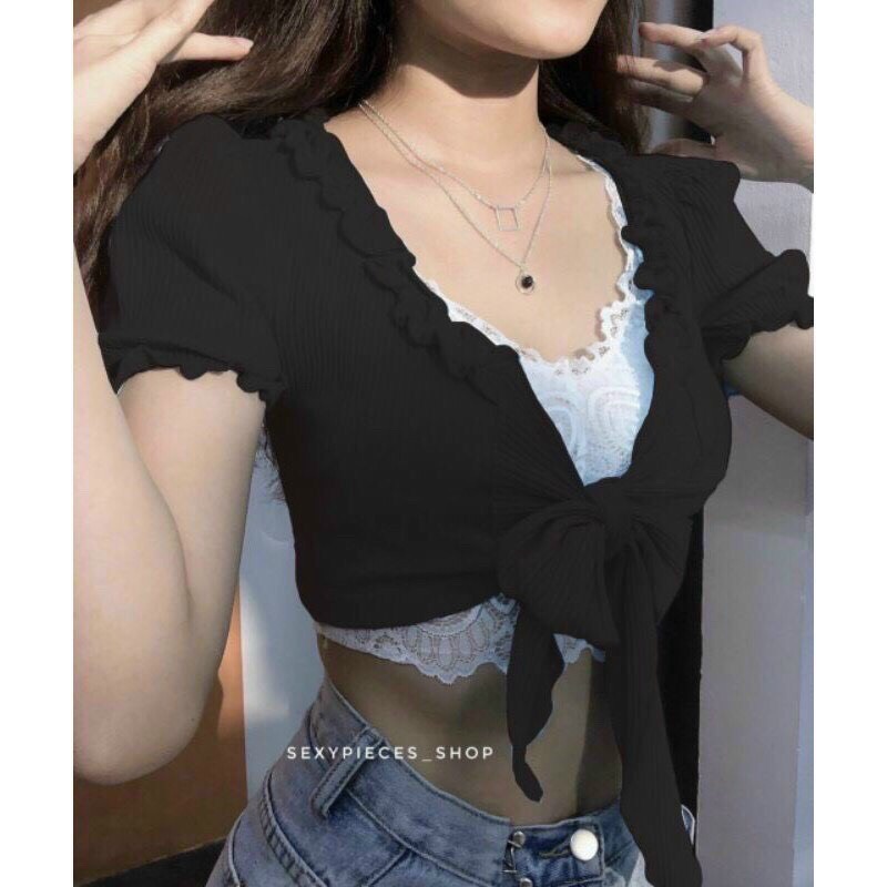 Áo Croptop Gân Cột Nơ Ngực