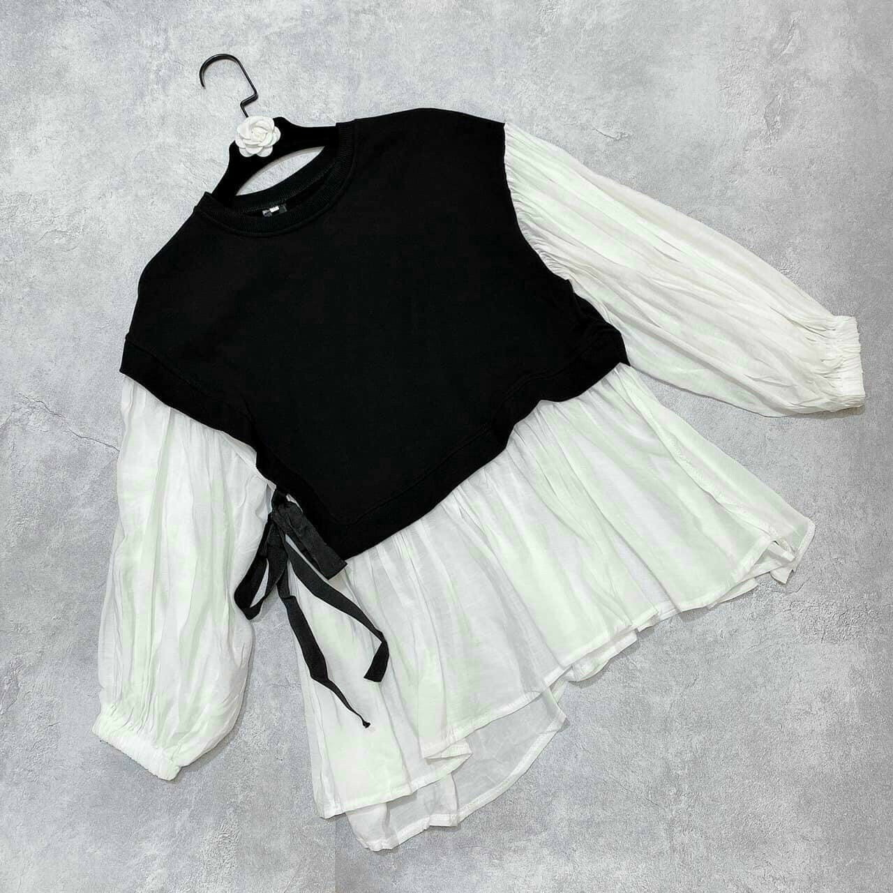 ÁO BABYDOLL CỘT NƠ EO PHỐI MÀU TRẮNG ĐEN MC