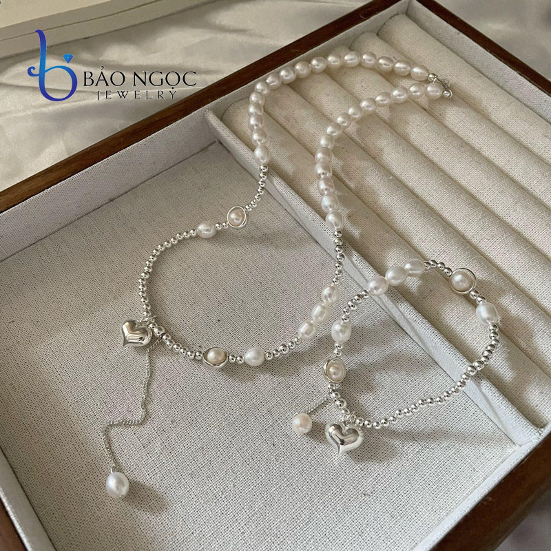 Bộ trang sức nữ ngọc trai nuôi tự nhiên, combo 2 món vòng cổ lắc tay bạc nữ cao cấp mix charm bạc - bnt2812 - bảo ngọc jewelry