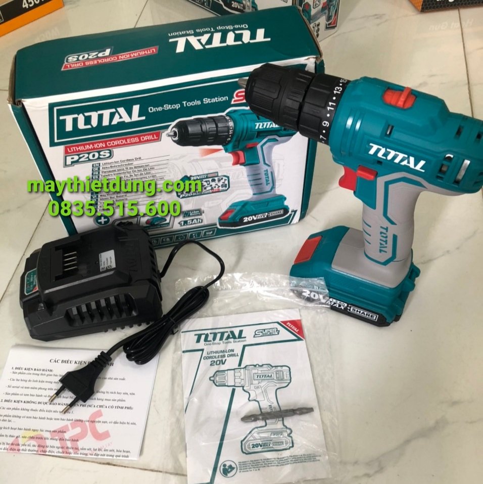 Máy khoan pin 20v ps20s total tdli20011 |máy khoan vặn vít không búa total 20v gồm 1 pin và sạc