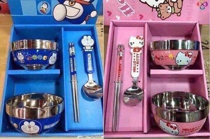 [HCM][Dụng cụ tập ăn] Set tập ăn 3 món (Muỗng Nĩa Đũa Tập Ăn) inox kèm hộp đựng cho bé. Do tap an cho be dung cụ tập bé ăn