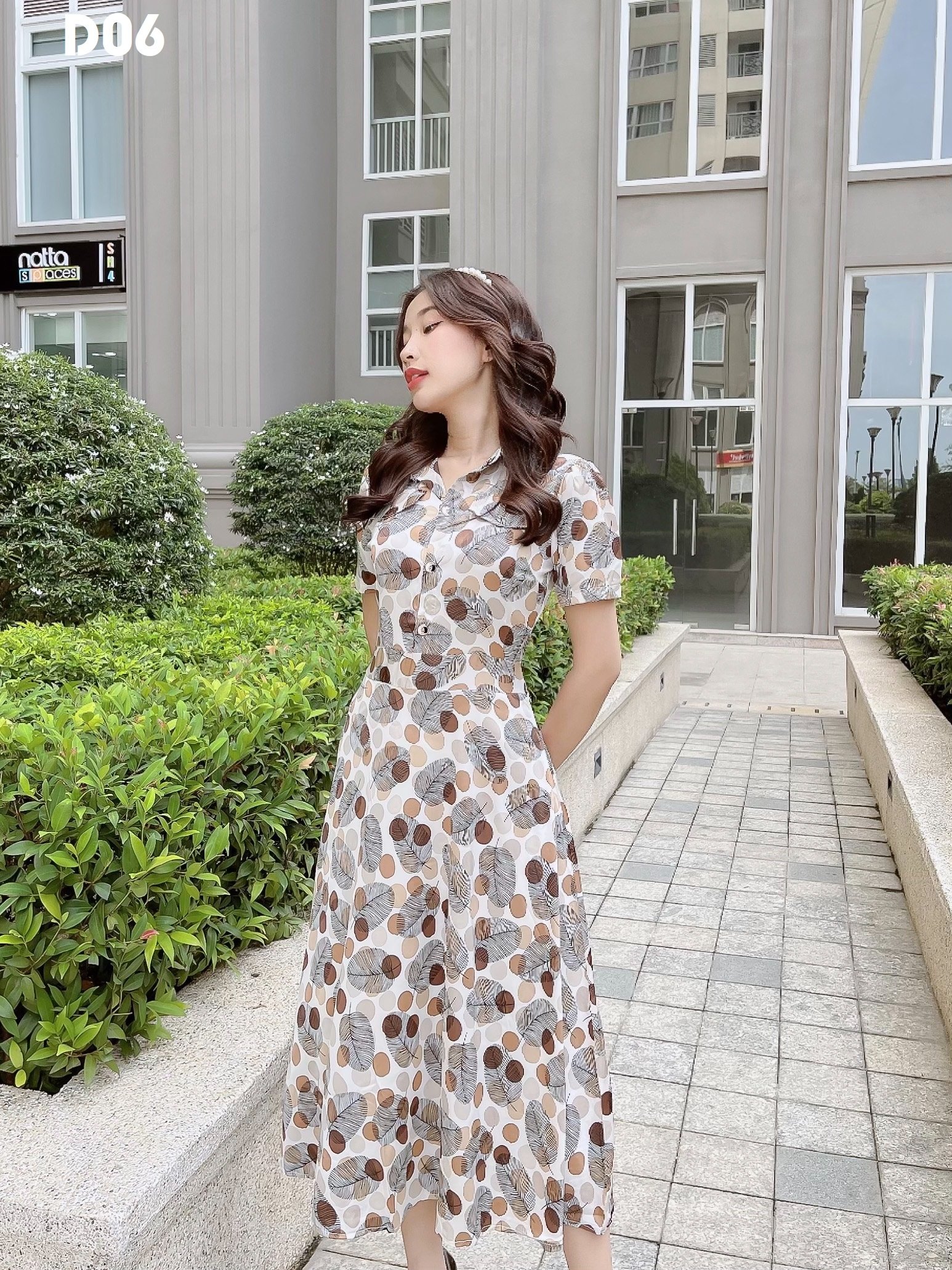 Đầm xoè lụa hoa vintage cổ sơ mi D06
