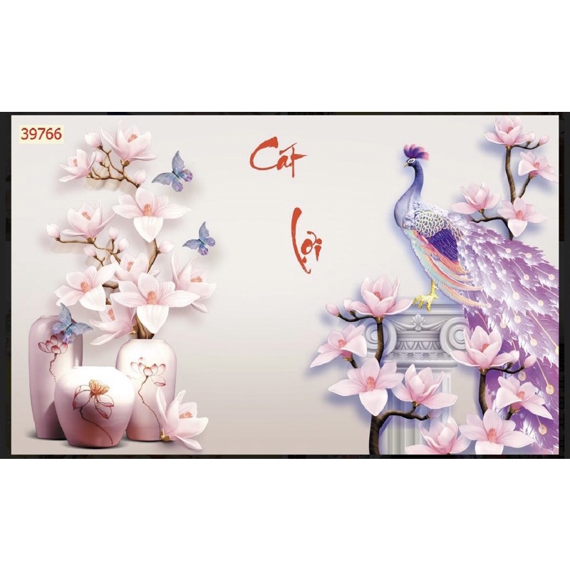 Tranh phong thuỷ chim công dán tường 3d. tranh in vải lụa kèm keo