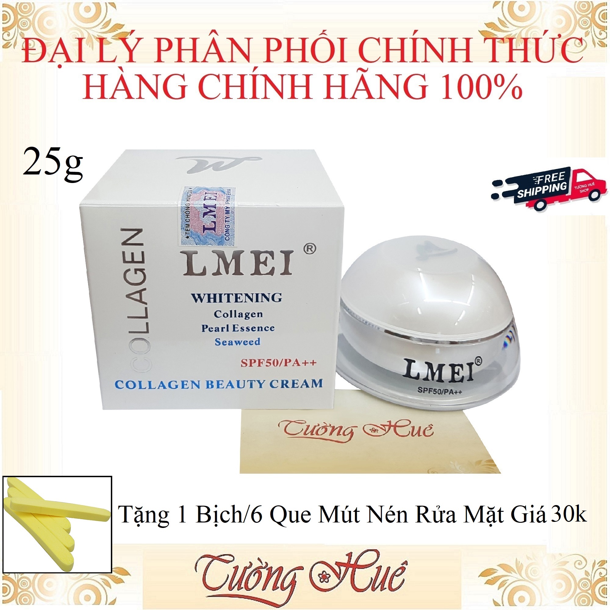 Kem Dưỡng Trắng Da LMEI Ngọc Trai Rong Biển - 25g ( Tặng 1 Bịch/6 Que Mút Rửa Mặt )