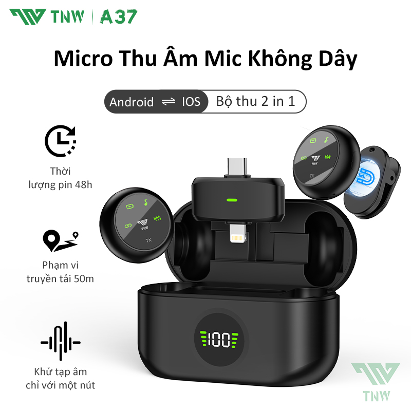TNW A37 Micro thu âm không dây,Ghi âm không dây Clip on Mic with từ tính,Màn Hình LED Hiển Thị Chức Năng